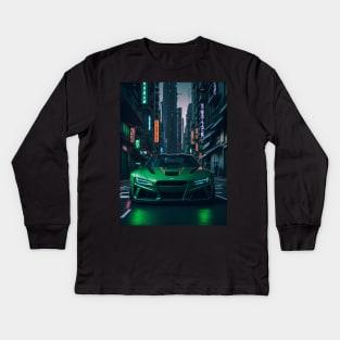 Dark Green Sports Car in Japanese Neon City Kids Long Sleeve T-Shirt